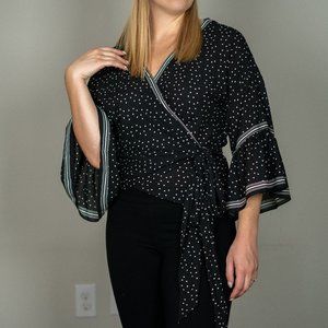 Max Studio Black & White Polka Dot Wrap / Tie Parachute Sleeve Blouse